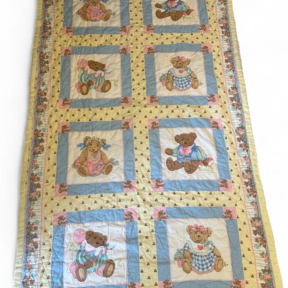 Vintage 80s handmade cottage teddy bear wall, throw, or crib quilt